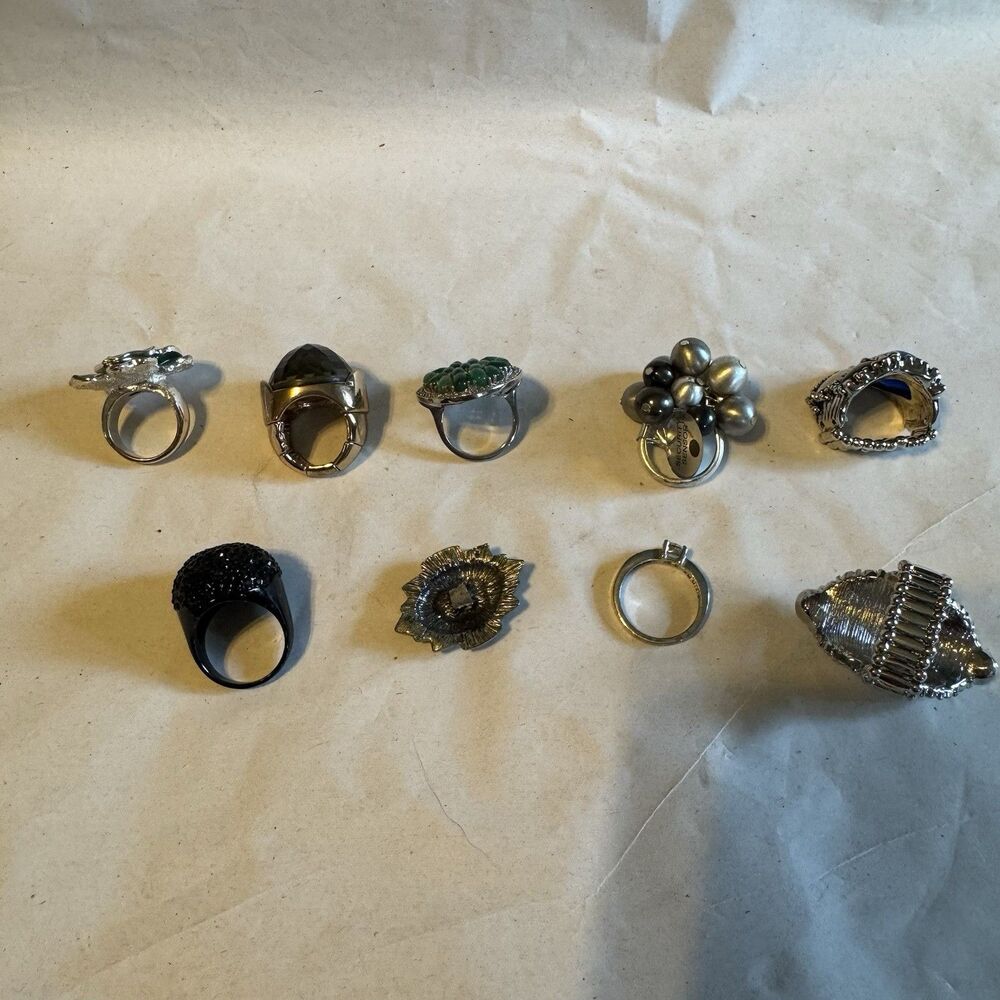 Lot Of 9 Costume Jewelry Rings Faux Stones Floral Designs Statement Pieces - Picture 10 of 16